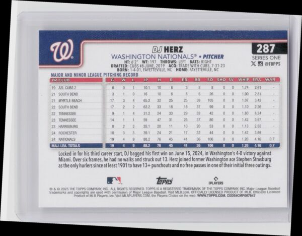 2025 Topps DJ Herz RC #287 Nationals - Image 3