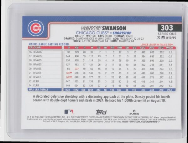 2025 Topps Dansby Swanson Diamante Foil #303 Cubs - Image 3