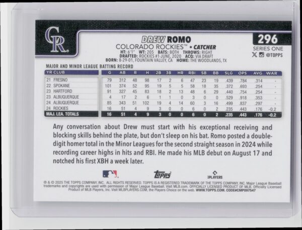 2025 Topps Drew Romo RC #296 Rockies - Image 3