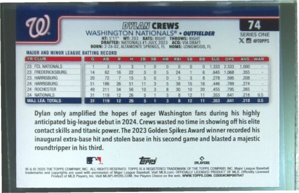 2025 Topps Dylan Crews RC #74 Nationals - Image 3