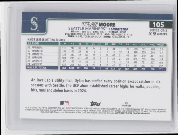 2025 Topps Dylan Moore Diamante Foil #105 Mariners - Image 3