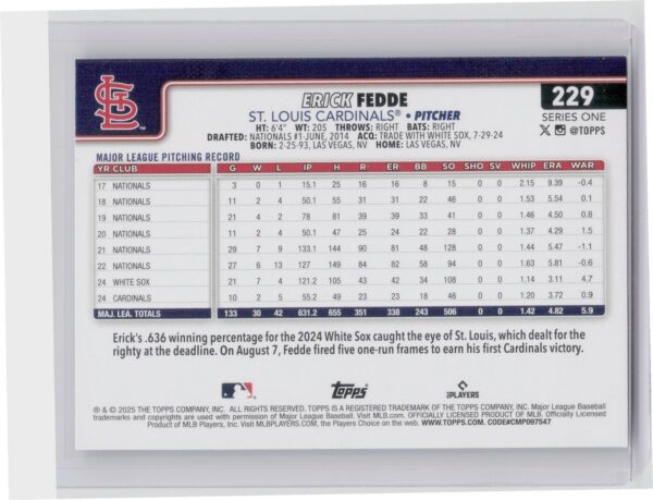 2025 Topps Erick Fedde Diamante Foil #229 Cardinals - Image 3