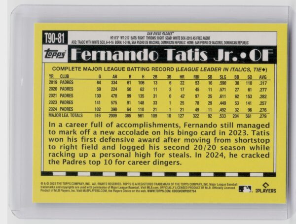 2025 Topps Fernando Tatis Jr. #T90-81 Padres 1990 Topps Baseball 35th - Image 3