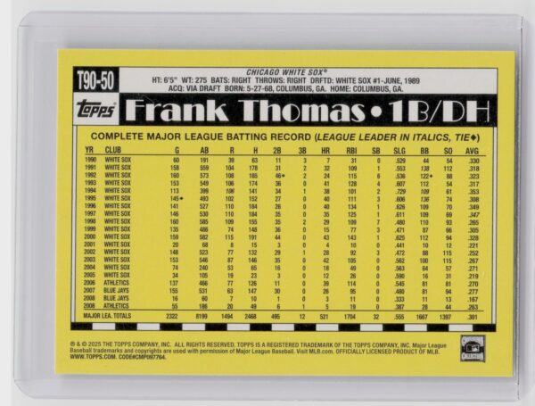 2025 Topps Frank Thomas #T90-50 Sox 1990 Topps Baseball 35th Anniversary - Image 3