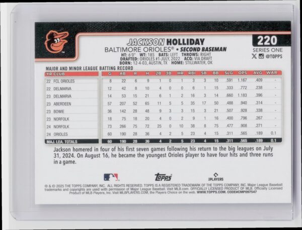 2025 Topps Jackson Holliday #220 Orioles - Image 3