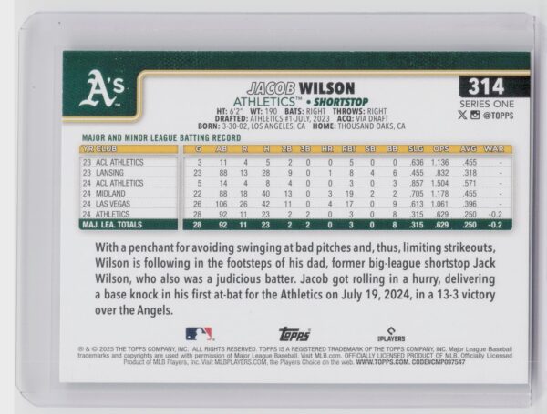 2025 Topps Jacob Wilson RC #314 Athletics - Image 3