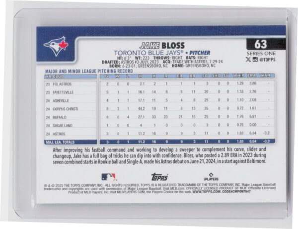 2025 Topps Jake Bloss RC #63 Jays - Image 3