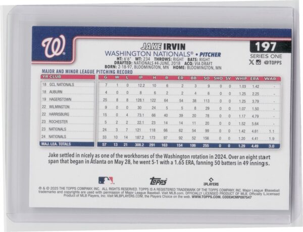 2025 Topps Jake Irvin Sandglitter #197 Nationals - Image 3