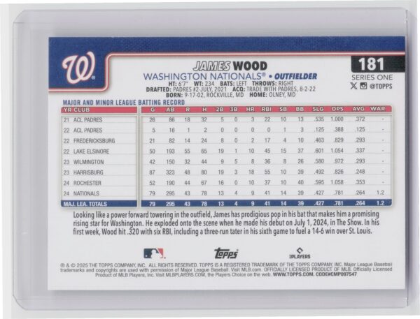 2025 Topps James Wood RC #181 Nationals - Image 3