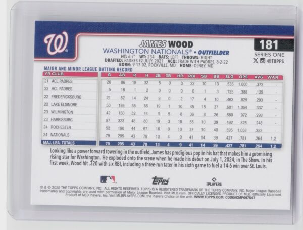 2025 Topps James Wood RC #181 Nationals - Image 3