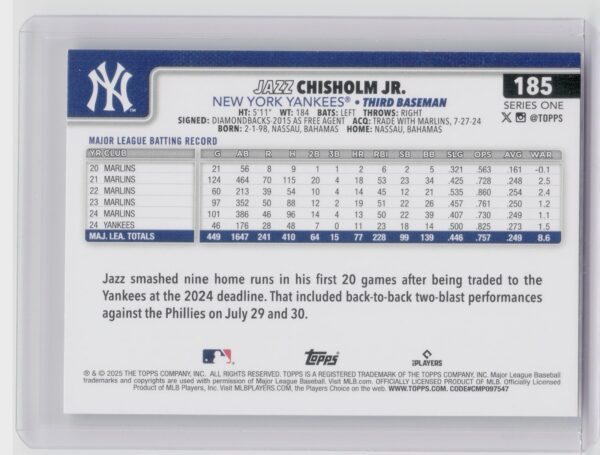 2025 Topps Jazz Chisholm Jr. #185 Yankees - Image 3