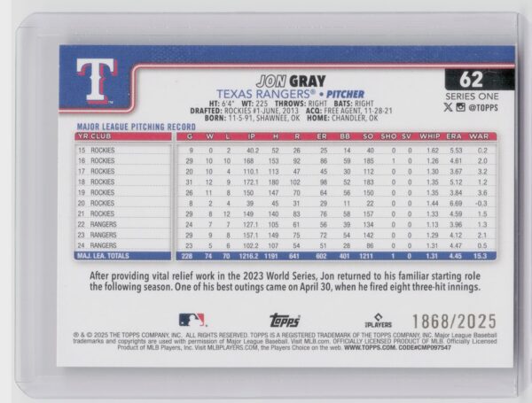2025 Topps Jon Gray Gold /2025 #62 Rangers - Image 3