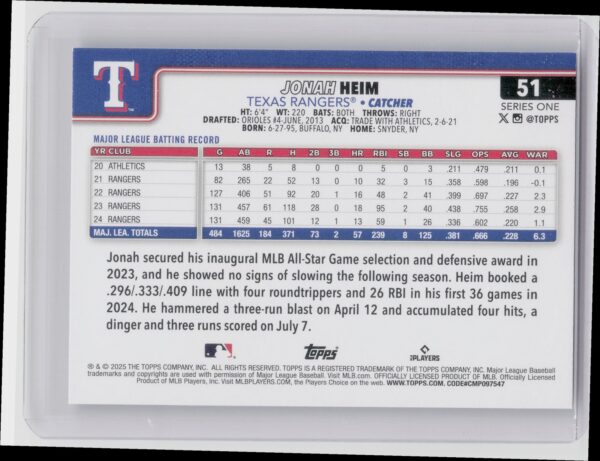 2025 Topps Jonah Heim Diamante Foil #51 Rangers - Image 3