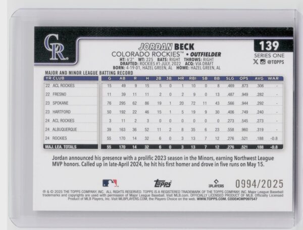 2025 Topps Jordan Beck Gold /2025 #139 Rockies - Image 3