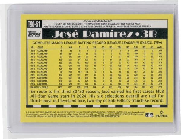 2025 Topps Jose Ramirez #T90-51 Guardians 1990 Topps Baseball 35th Anniversary - Image 3