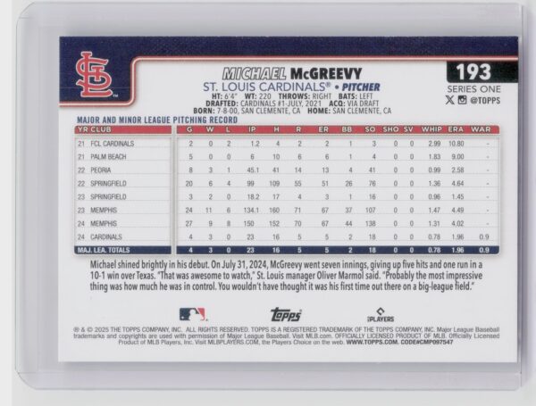 2025 Topps Michael McGreevy RC #193 Cardinals - Image 3