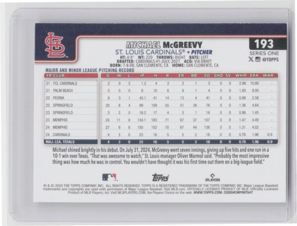 2025 Topps Michael McGreevy RC #193 Cardinals - Image 3