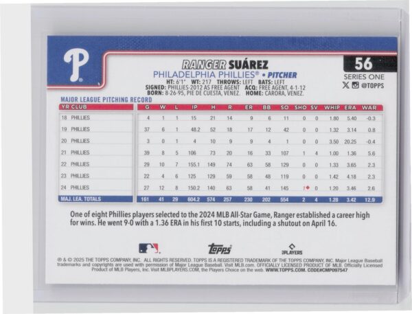 2025 Topps Ranger Suarez Diamante Foil #56 Phillies - Image 3