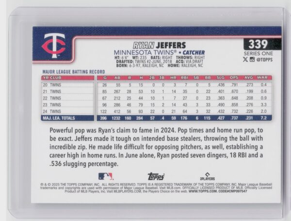 2025 Topps Ryan Jeffers Holo Foil #339 Twins - Image 3