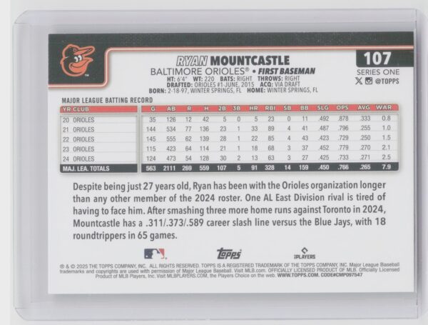 2025 Topps Ryan Mountcastle Rainbow Foil #107 Orioles - Image 3