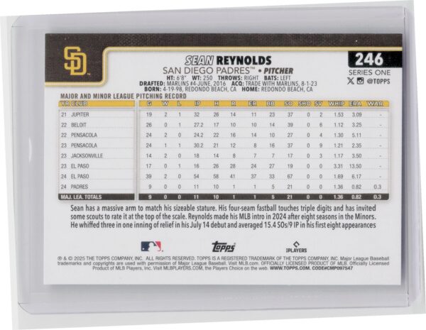 2025 Topps Sean Reynolds RC #246 Padres - Image 3