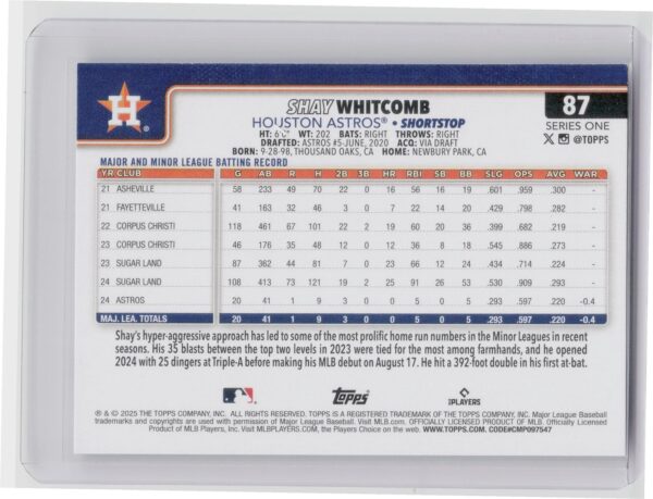 2025 Topps Shay Whitcomb RC #87 Astros - Image 3