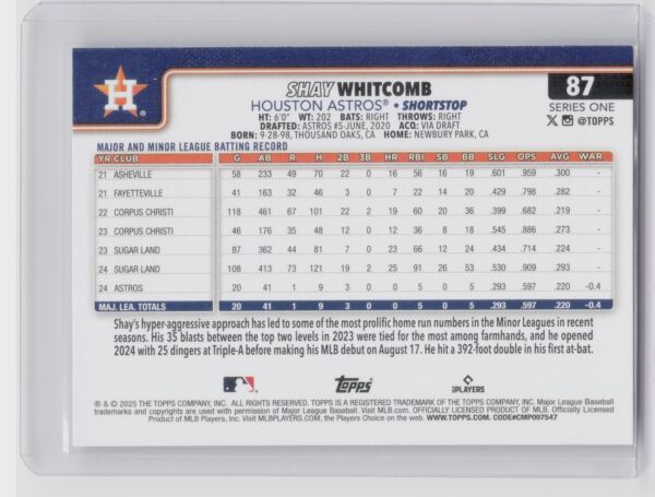2025 Topps Shay Whitcomb RC #87 Astros - Image 3