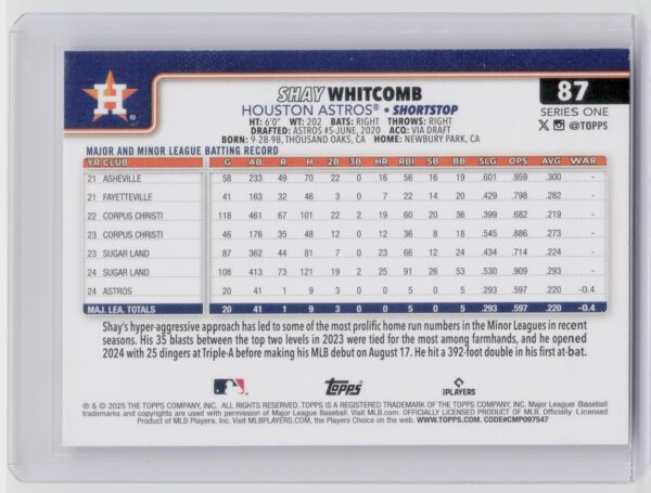 2025 Topps Shay Whitcomb RC #87 Astros - Image 3