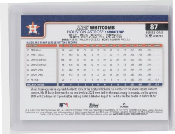 2025 Topps Shay Whitcomb RC #87 Astros - Image 3