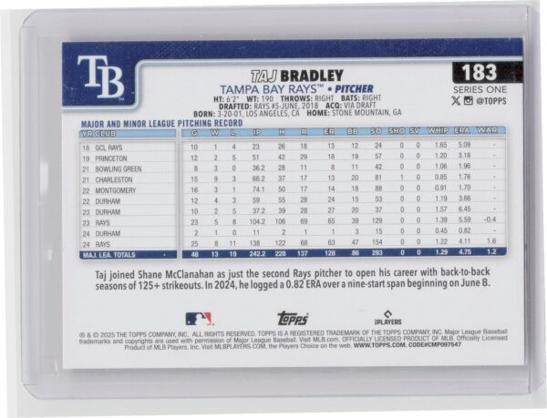 2025 Topps Taj Bradley Pink Diamante Foil #183 Rays - Image 3