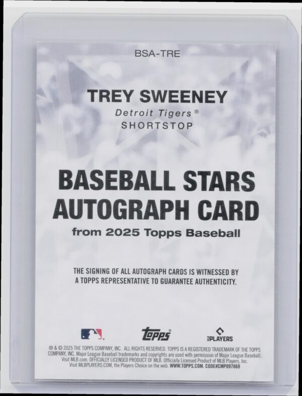 2025 Topps Trey Sweeney Auto RC #BSA-TRE Tigers Baseball Stars Autographs - Image 3