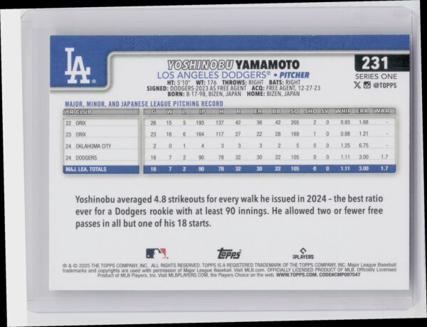 2025 Topps Yoshinobu Yamamoto #231 Dodgers - Image 3
