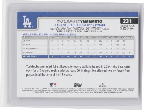 2025 Topps Yoshinobu Yamamoto #231 Dodgers - Image 3