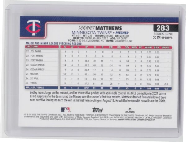2025 Topps Zebby Matthews RC #283 Twins - Image 3