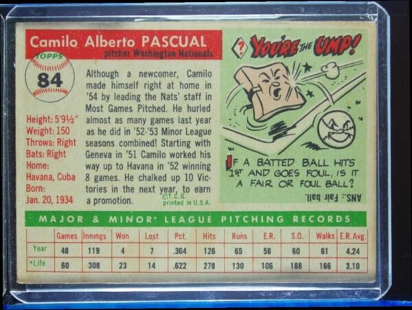 1955 Topps Camilo Pascual RC #84 Senators - Image 3