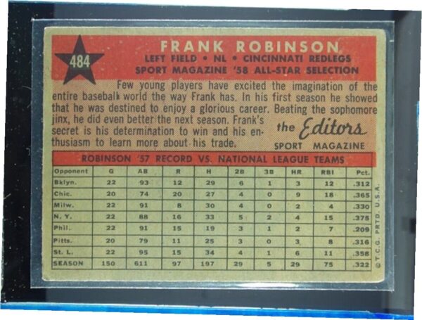 1958 Topps Frank Robinson #484 Redlegs - Image 3