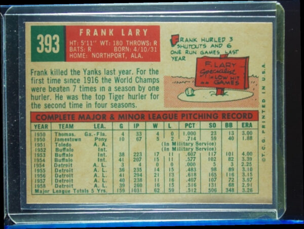 1959 Topps Frank Lary #393 Tigers - Image 3