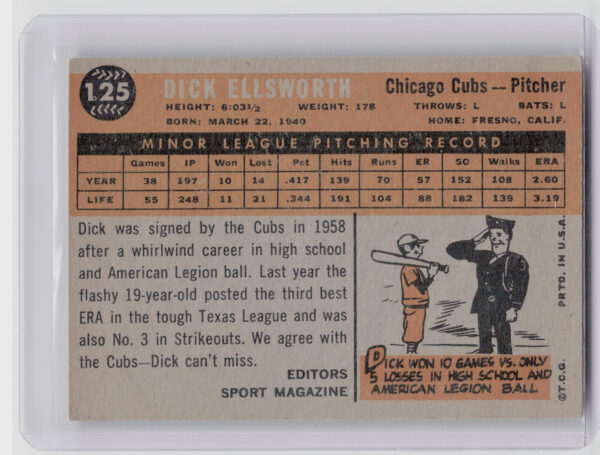 1960 Topps Dick Ellsworth RC #125 Cubs - Image 3