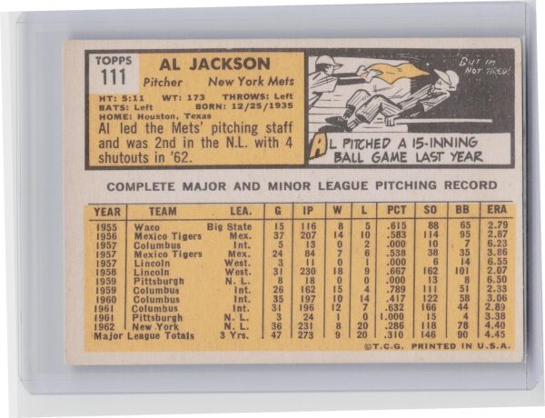 1963 Topps Al Jackson #111 Mets - Image 3