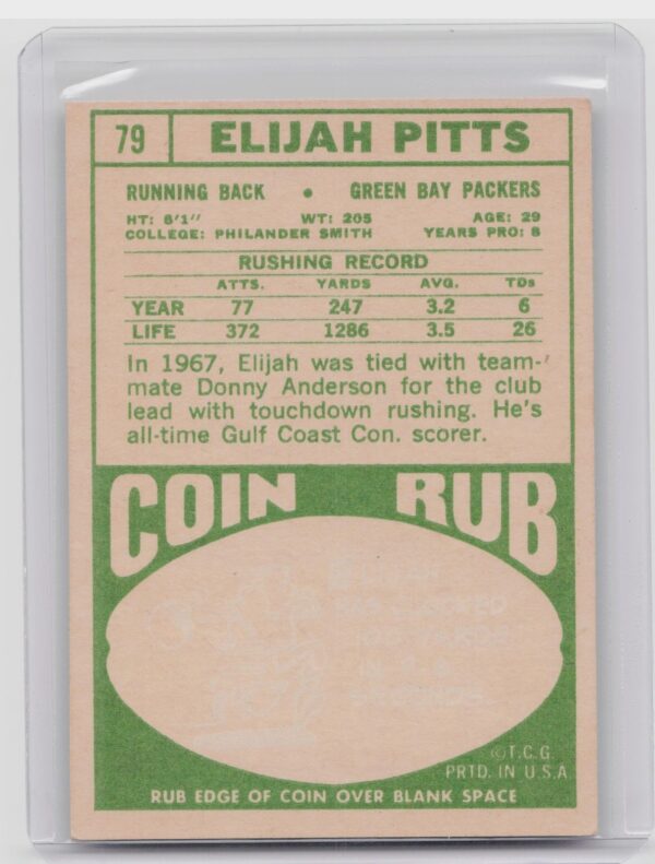 1968 Topps Elijah Pitts #79 Packers - Image 3