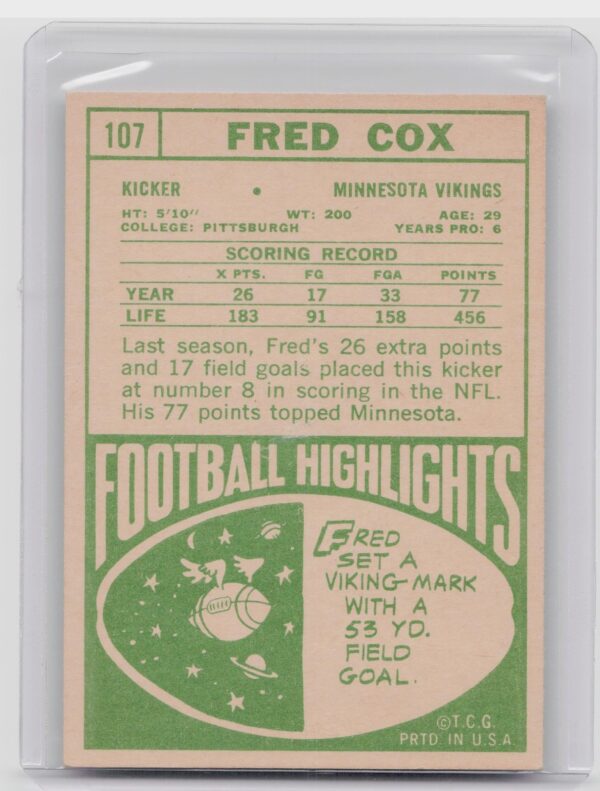 1968 Topps Fred Cox #107 Vikings - Image 3