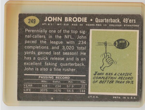 1969 Topps John Brodie #249 49ers - Image 3