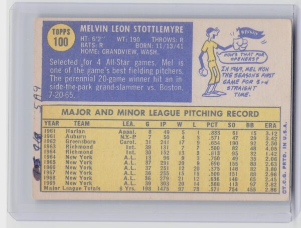 1970 Topps Mel Stottlemyre #100 Yankees - Image 3
