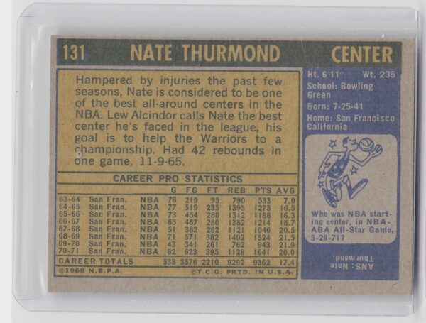 1971-72 Topps Nate Thurmond #131 Warriors - Image 3
