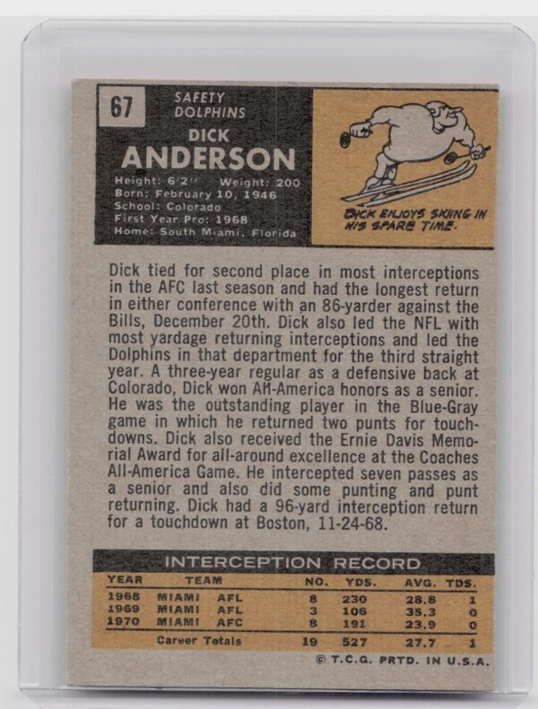 1971 Topps Dick Anderson #67 Dolphins - Image 3
