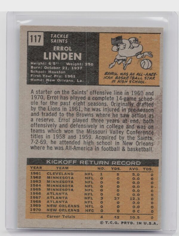 1971 Topps Errol Linden RC #117 Saints - Image 3