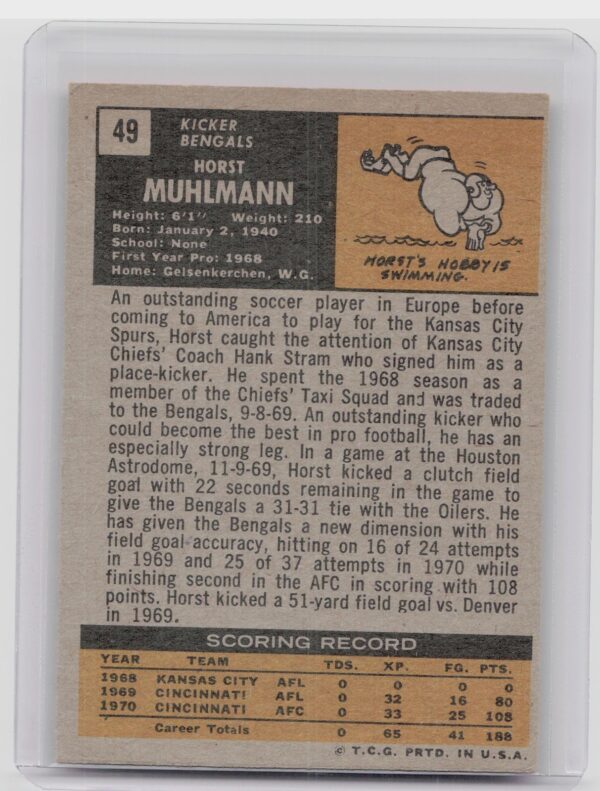 1971 Topps Horst Muhlmann RC #49 Bengals - Image 3