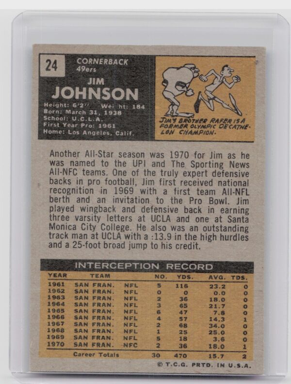 1971 Topps Jim Johnson #24 49ers - Image 3