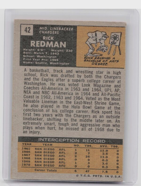 1971 Topps Rick Redman #42 Chargers - Image 3