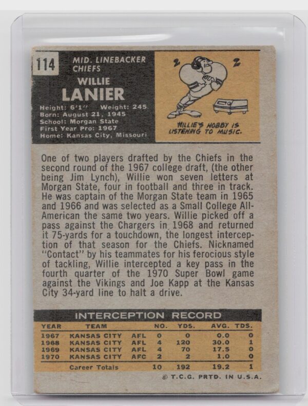 1971 Topps Willie Lanier RC #114 Chiefs - Image 3